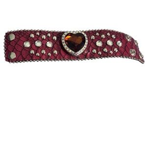 Wide Cuff Heart-Embellished Red Leather Bracelet